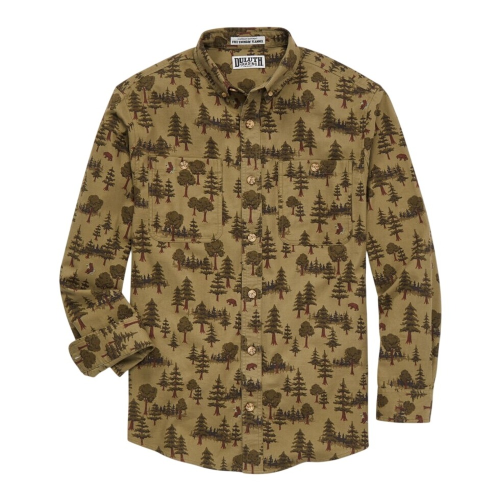 Duluth Trading Co Mens Free Swingin Flannel Shirt 2XL Olive Bear In The Woods